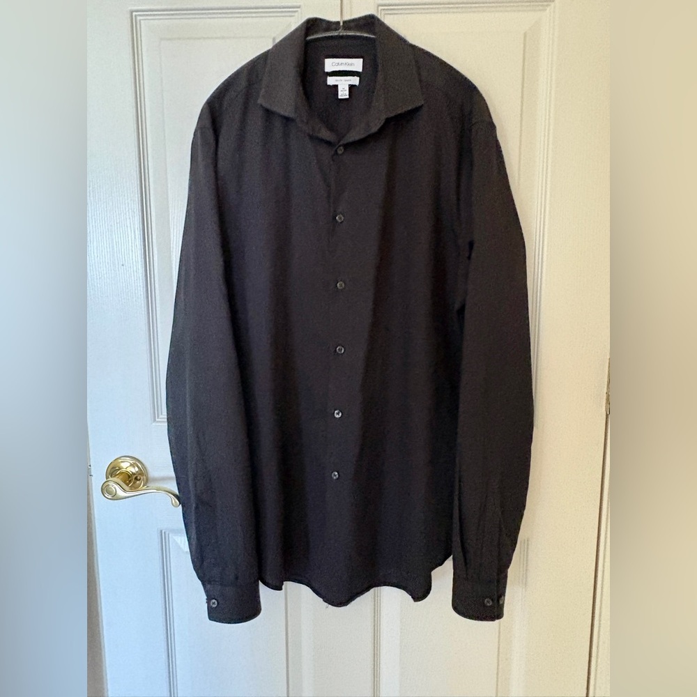 Calvin Klein Mens Black Cotton Slim Fit Button Down Shirt Large